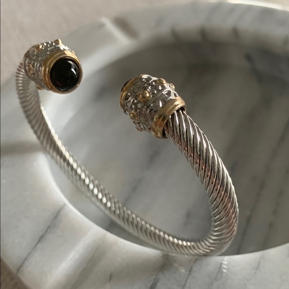 Silver Stainless Steel Open Cuff Bracelet With Blue Stone - Picture 1 of 3